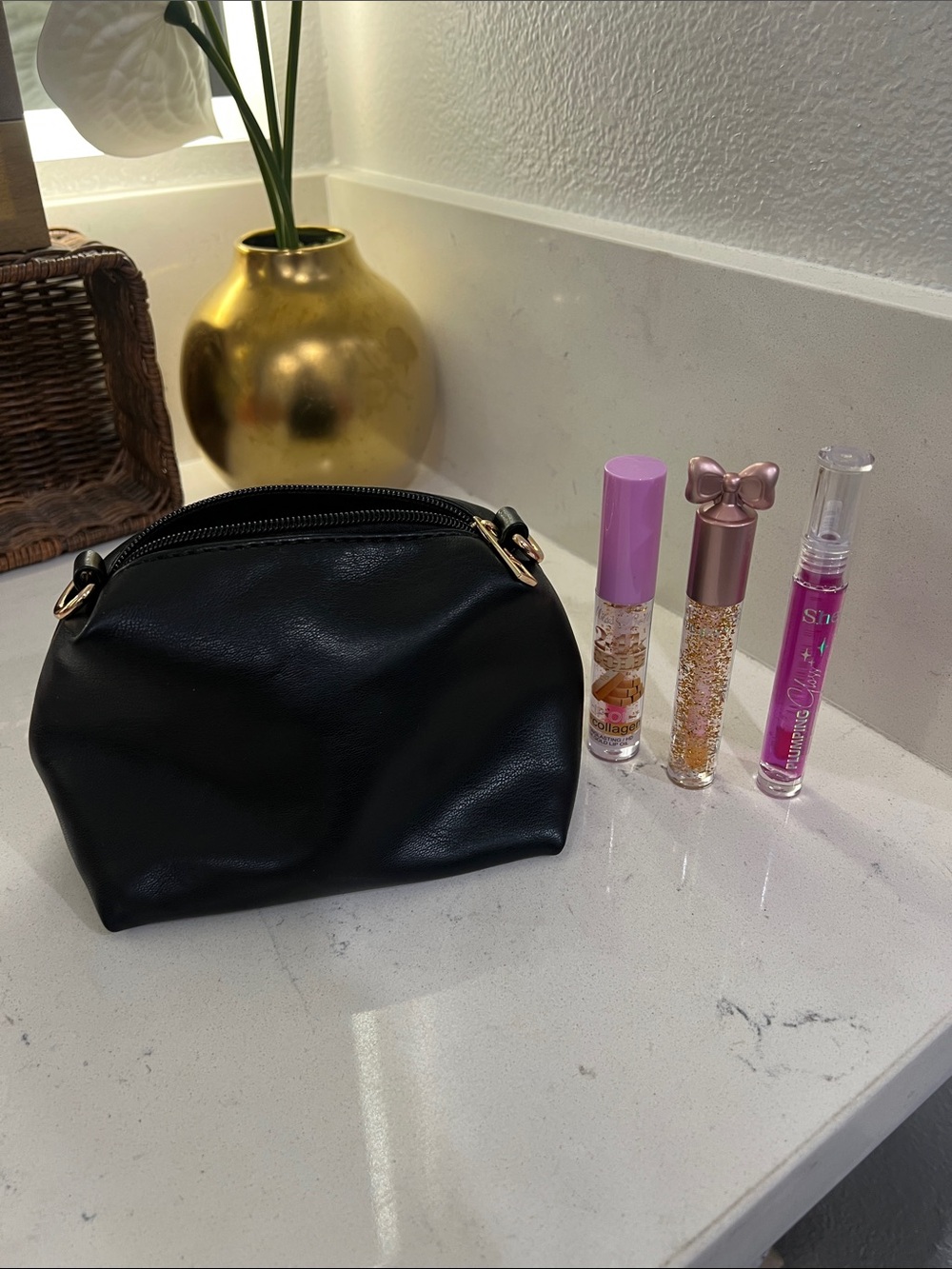 Anthropologie Black Makeup Pouch with Gold Accents & lip oil, gloss, plumping